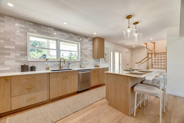 Interior, Kitchen, Pendant Lights, Recessed Lighting, Stainless Steel Appliances, Stone Walls, Wood Texture Flooring