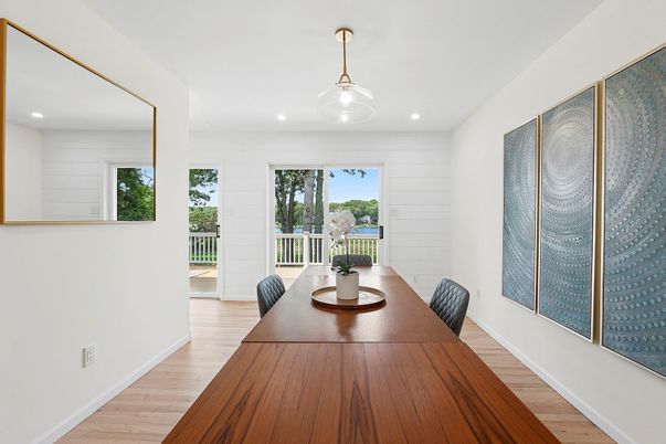 Dining room, Interior, Recessed Lighting, Wood Texture Flooring
