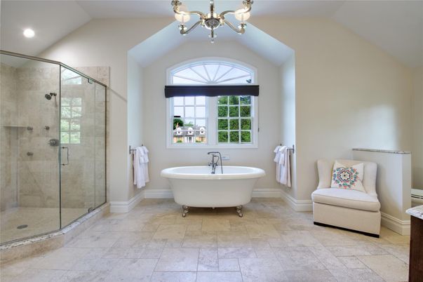 Bathroom, Chandelier, Free Standing Baths, Glass Shower, Interior, Recessed Lighting