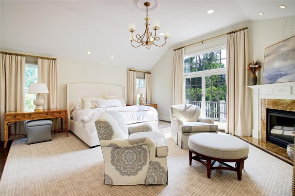 Bedroom, Chandelier, Fireplace, Interior, Recessed Lighting, Wood Texture Flooring