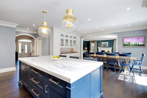Dining room, Interior, Kitchen, Pendant Lights, Recessed Lighting, Wood Texture Flooring