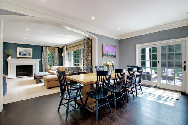 Dining room, Fireplace, Interior, Recessed Lighting, Wood Texture Flooring