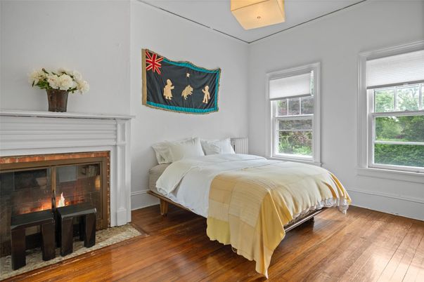Bedroom, Fireplace, Interior, Wood Texture Flooring