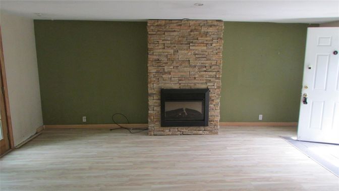 Empty room, Fireplace, Interior, Stone Walls, Wood Texture Flooring