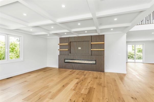 Empty room, Fireplace, Interior, Recessed Lighting, Wood Texture Flooring