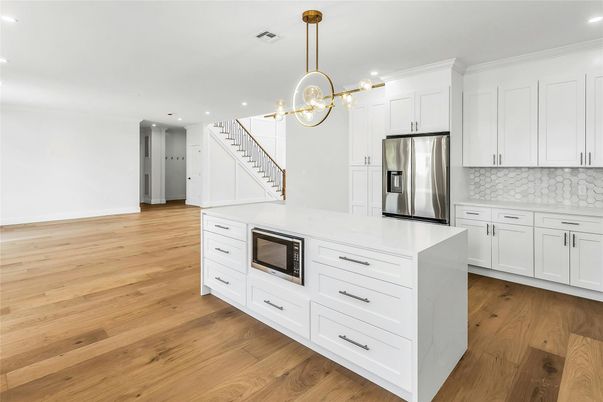 Interior, Kitchen, Pendant Lights, Recessed Lighting, Stainless Steel Appliances, Wood Texture Flooring