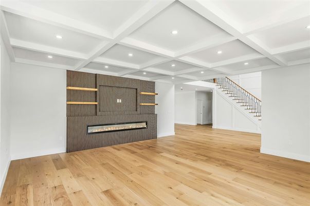 Empty room, Fireplace, Interior, Recessed Lighting, Wood Texture Flooring
