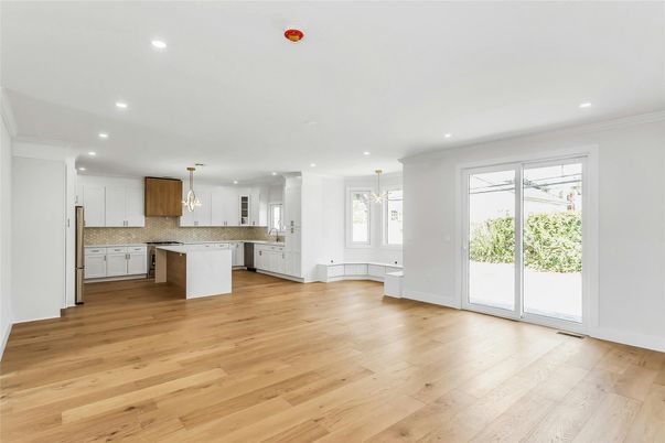 Empty room, Interior, Kitchen, Pendant Lights, Recessed Lighting, Wood Texture Flooring