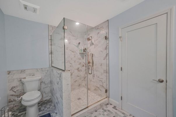 Bathroom, Glass Shower, Interior, Marble Walls, Recessed Lighting