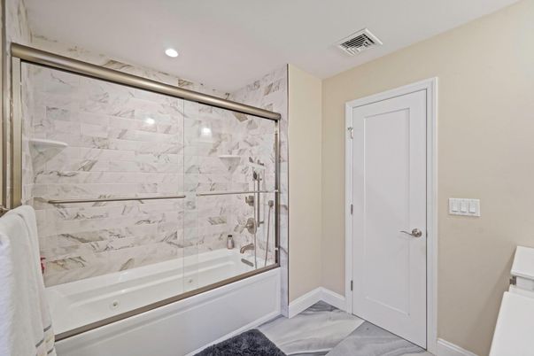 Bathroom, Glass Shower, Interior, Marble Walls, Recessed Lighting