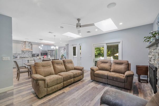 Dining room, Fireplace, Interior, Kitchen, Living room, Pendant Lights, Recessed Lighting, Wood Texture Flooring