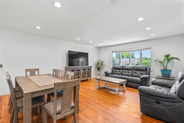 Dining room, Interior, Living room, Recessed Lighting, Wood Texture Flooring