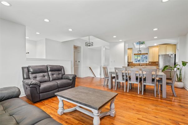 Dining room, Interior, Kitchen, Living room, Recessed Lighting, Wood Texture Flooring