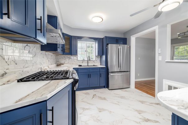 Interior, Kitchen, Marble, Marble Walls, Stainless Steel Appliances, Wood Texture Flooring
