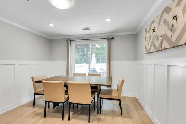 Dining room, Interior, Recessed Lighting, Wood Texture Flooring