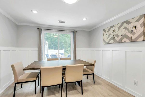 Dining room, Interior, Recessed Lighting, Wood Texture Flooring