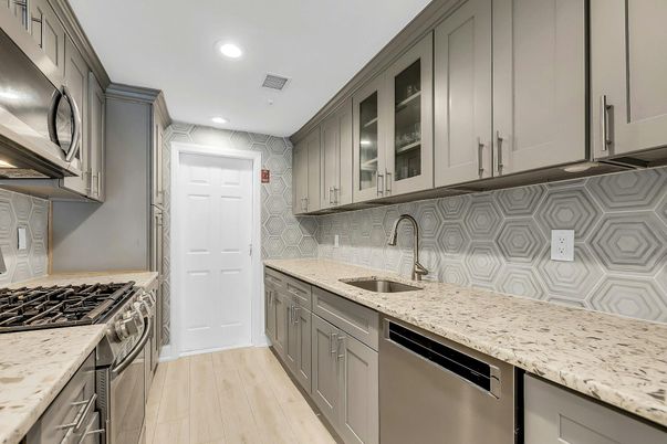 Interior, Kitchen, Recessed Lighting, Stainless Steel Appliances, Wood Texture Flooring