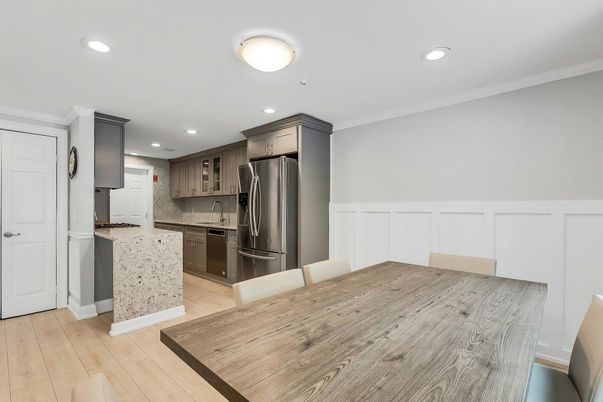 Dining room, Interior, Kitchen, Recessed Lighting, Stainless Steel Appliances, Wood Texture Flooring
