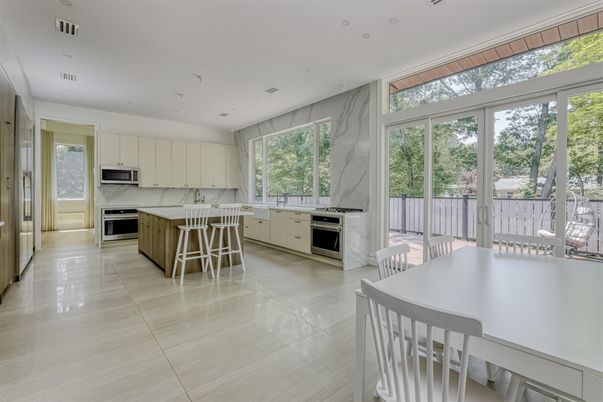 Dining room, Interior, Kitchen, Marble Walls, Recessed Lighting, Stainless Steel Appliances