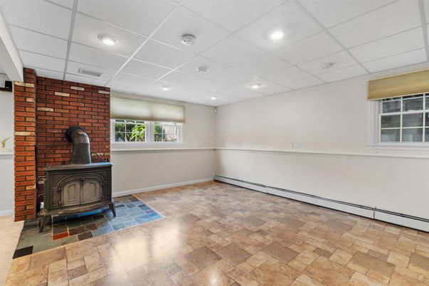 Fireplace, Interior, Recessed Lighting, Stone Walls