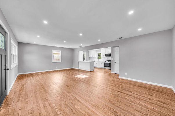 Empty room, Interior, Kitchen, Recessed Lighting, Wood Texture Flooring