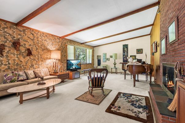 Fireplace, Home Office, Interior, Living room, Piano, Stone Walls, Wooden Beams