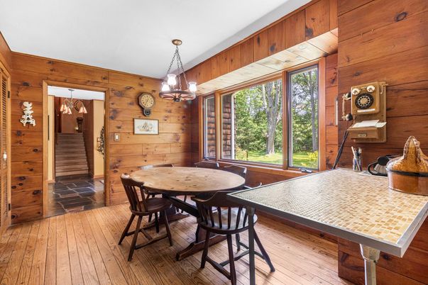 Chandelier, Dining room, Interior, Wood Texture Flooring, Wooden Walls