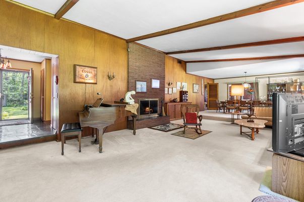 Dining room, Fireplace, Interior, Living room, Pendant Lights, Piano, Stone Walls, Wooden Beams, Wooden Walls