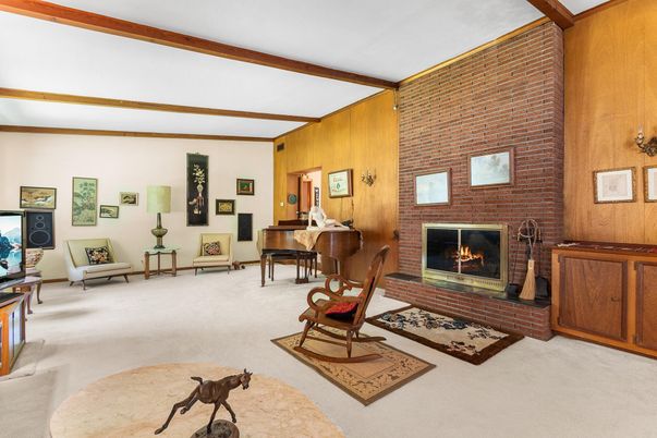Fireplace, Home Office, Interior, Piano, Stone Walls, Wooden Beams, Wooden Walls