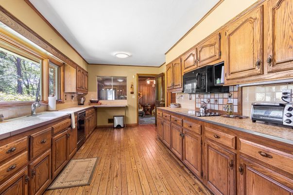Interior, Kitchen, Tile Countertops, Wood Texture Flooring