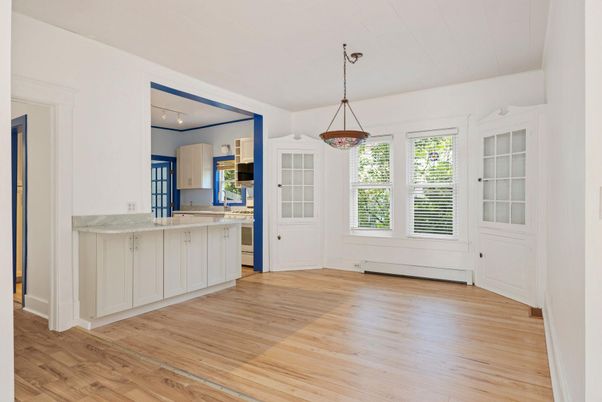 Empty room, Interior, Kitchen, Pendant Lights, Recessed Lighting, Wood Texture Flooring