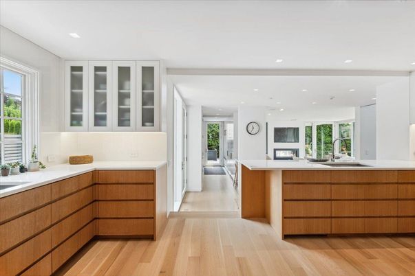 Fireplace, Interior, Kitchen, Recessed Lighting, Wood Texture Flooring