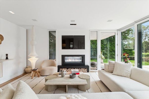 Fireplace, Interior, Living room, Recessed Lighting, Wood Texture Flooring
