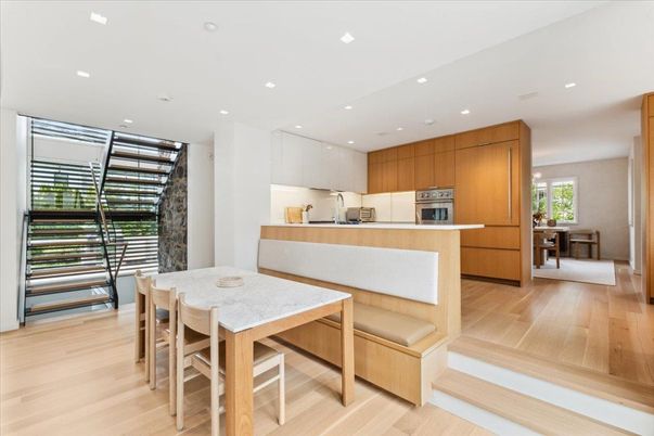 Dining room, Interior, Kitchen, Recessed Lighting, Stainless Steel Appliances, Wood Texture Flooring