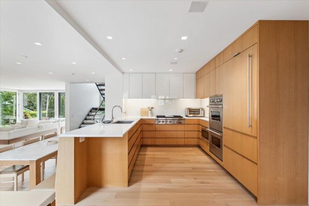 Dining room, Interior, Kitchen, Recessed Lighting, Stainless Steel Appliances, Wood Texture Flooring