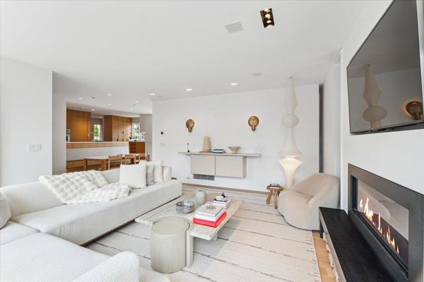Dining room, Fireplace, Interior, Living room, Pendant Lights, Recessed Lighting, Wood Texture Flooring