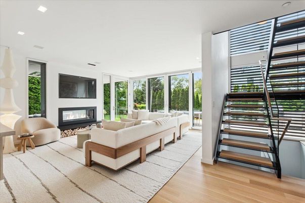Fireplace, Interior, Living room, Recessed Lighting, Wood Texture Flooring