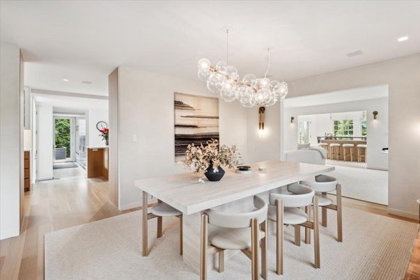 Dining room, Interior, Pendant Lights, Recessed Lighting, Wood Texture Flooring
