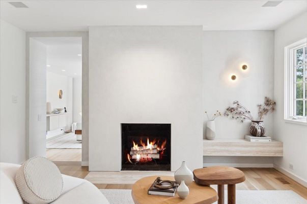 Bathroom, Fireplace, Interior, Recessed Lighting, Wood Texture Flooring
