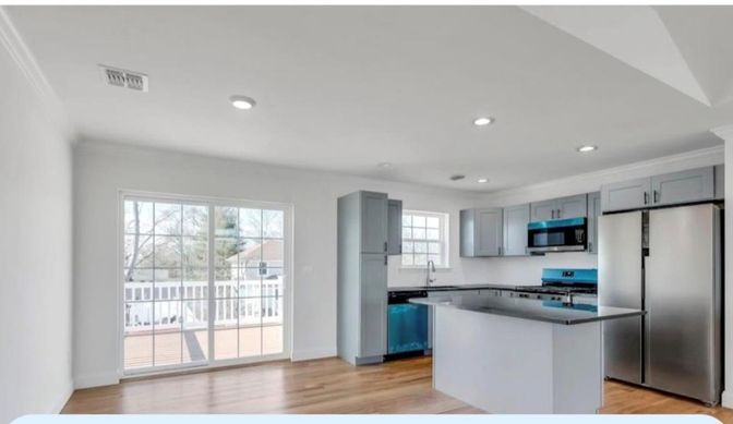Interior, Kitchen, Recessed Lighting, Stainless Steel Appliances, Wood Texture Flooring