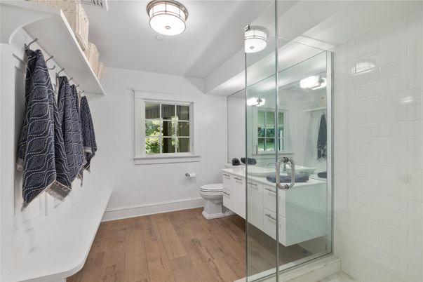 Bathroom, Glass Shower, Interior, Wood Texture Flooring