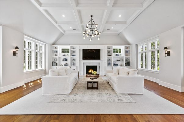 Fireplace, Interior, Living room, Pendant Lights, Recessed Lighting, Wood Texture Flooring