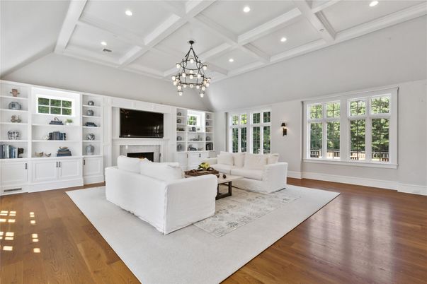 Fireplace, Interior, Living room, Pendant Lights, Recessed Lighting, Wood Texture Flooring