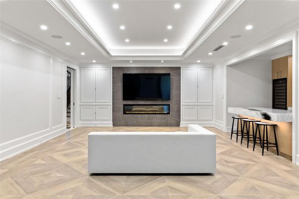 Fireplace, Interior, Recessed Lighting, Wood Texture Flooring