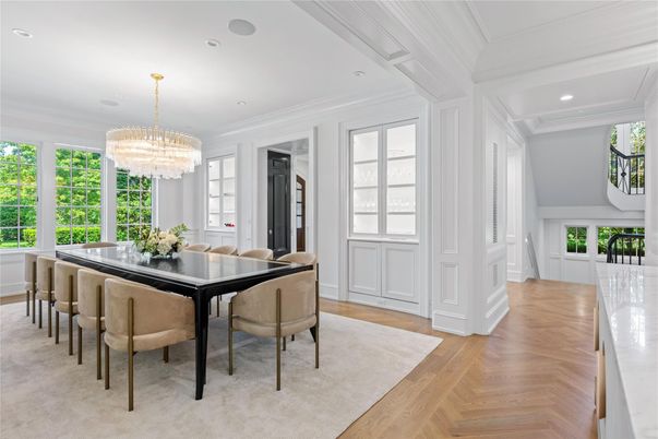 Chandelier, Dining room, Interior, Recessed Lighting, Wood Texture Flooring