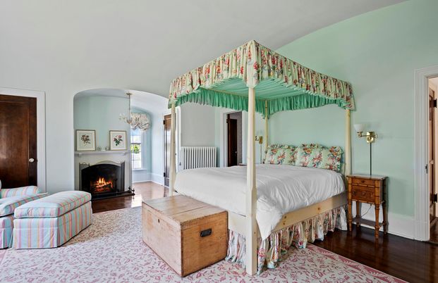 Bedroom, Chandelier, Fireplace, Interior, Wood Texture Flooring