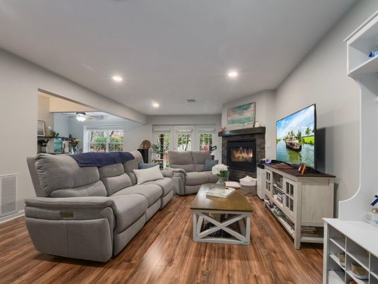 Fireplace, Interior, Living room, Recessed Lighting, Wood Texture Flooring