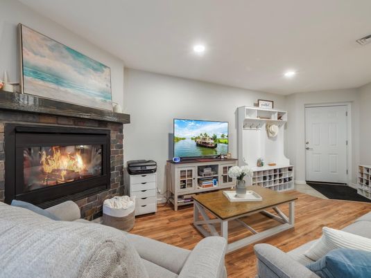 Fireplace, Interior, Living room, Recessed Lighting, Wood Texture Flooring