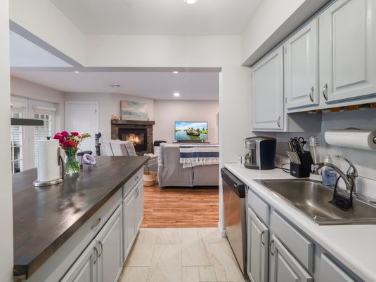 Fireplace, Interior, Kitchen, Living room, Recessed Lighting, Wood Texture Flooring
