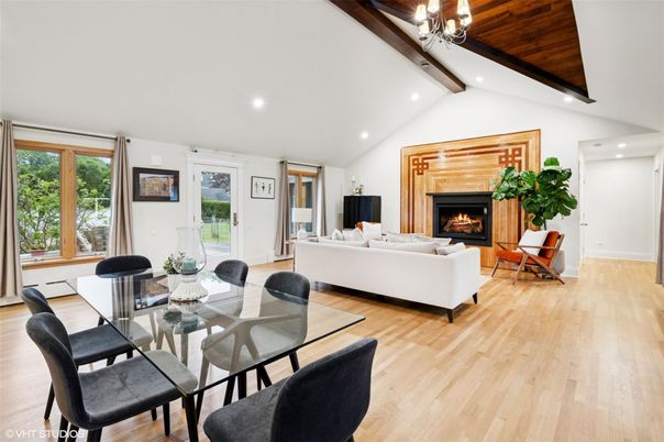 Chandelier, Dining room, Fireplace, Interior, Living room, Recessed Lighting, Wooden Beams, Wooden Ceilings, Wood Texture Flooring